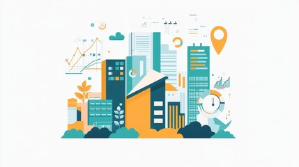 Real estate investment infographic flat design side view property market theme animation colored pastel.