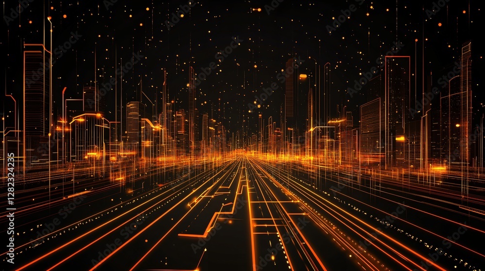 Poster digital rendering of a cityscape with illuminated roads and buildings