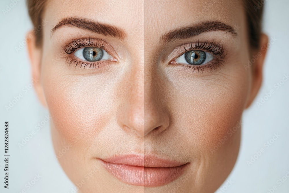 Poster Split view of a womans face showcasing aging and youthfulness through visible wrinkles and smooth skin. Generative AI