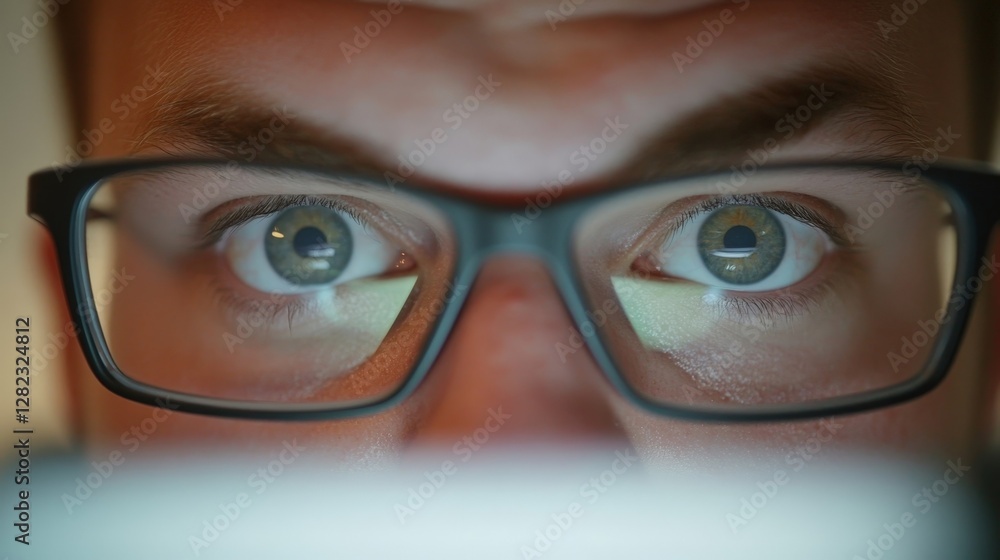 Poster close up of a programmer wearing glasses intently focusing on a computer screen, working late at nig