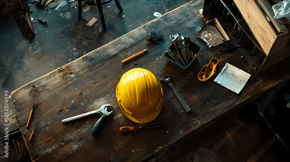 Poster workbench tools: overhead shot capturing a cluttered workbench, laden with a yellow hard hat and an 