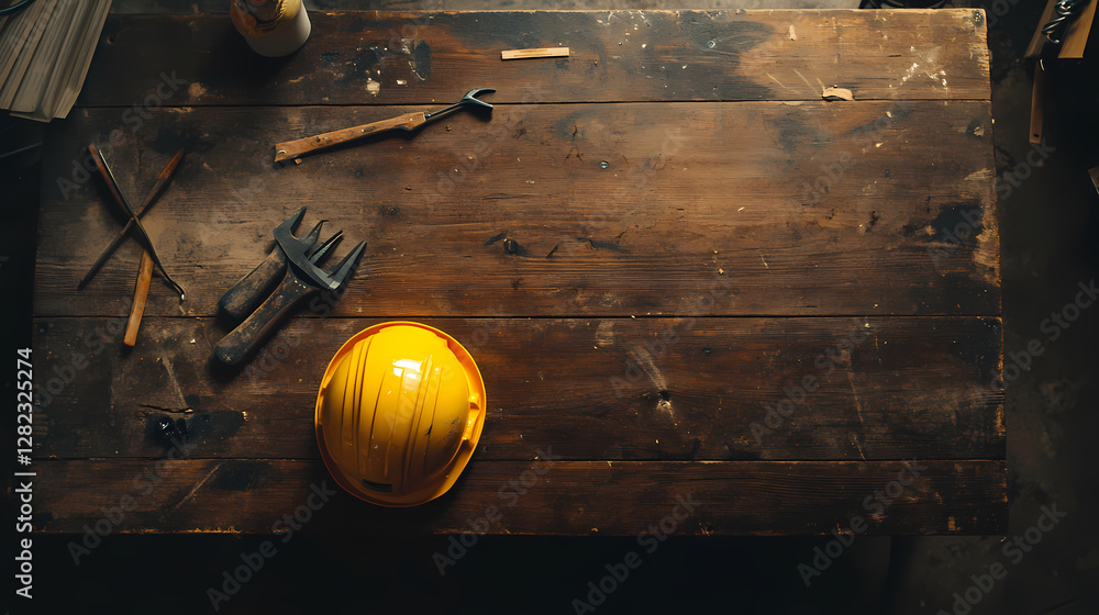 Poster workshop workspace: overhead view of a cluttered workbench, complete with tools and a yellow hard ha