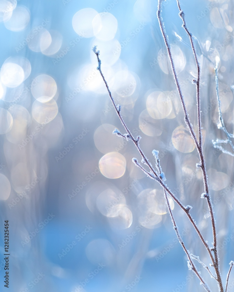 Poster frost-covered branches with bokeh background
