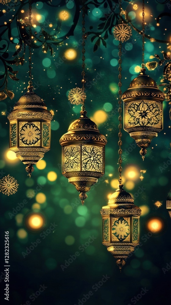 Poster ornate golden lanterns hanging against a blurred teal background with warm bokeh lights. the image c