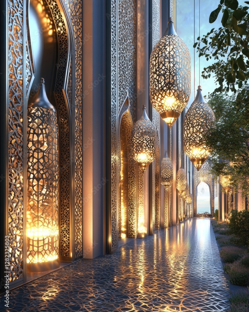 Poster ornate golden lanterns illuminate a patterned corridor reflecting on the polished floor with a view 