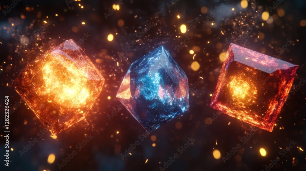 Poster floating glowing geometric cubes with intricate textures and sparkling light effects