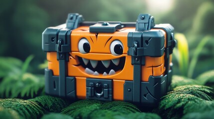 Fototapeta premium Orange Cartoon Chest with Facial Expression Displayed in a Lush Green Forest Setting