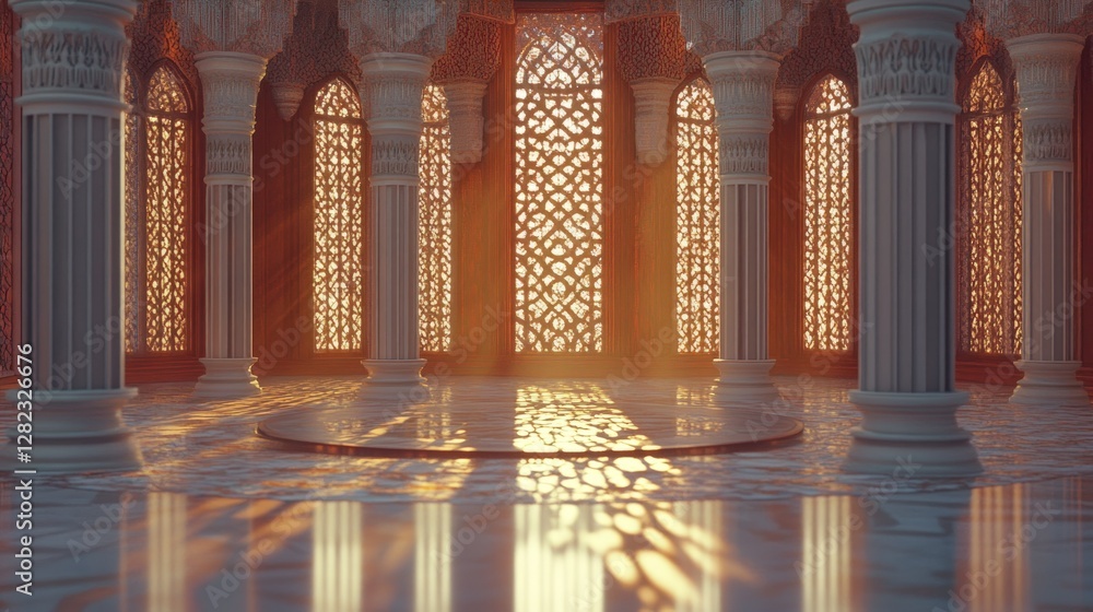 Poster ornate interior architectural design with intricate details. golden light filters through decorative