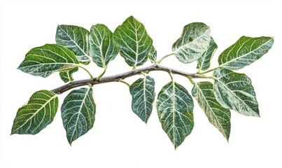 Fototapeta premium A close-up view of a green leaf branch showcasing intricate vein patterns against a white background, ideal for nature-themed projects