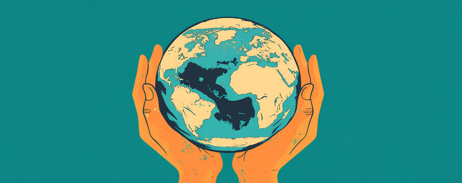 Global Embrace: Human hands cradle a stylized globe, a vibrant illustration symbolizing care for the planet and the interconnectedness of humanity.