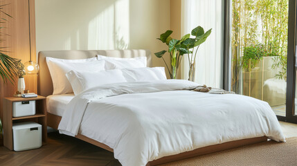 contemporary bedroom with organic cotton bedding, natural light, and plants