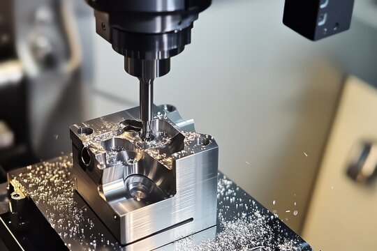 Modern milling machine making a metal detail at factory