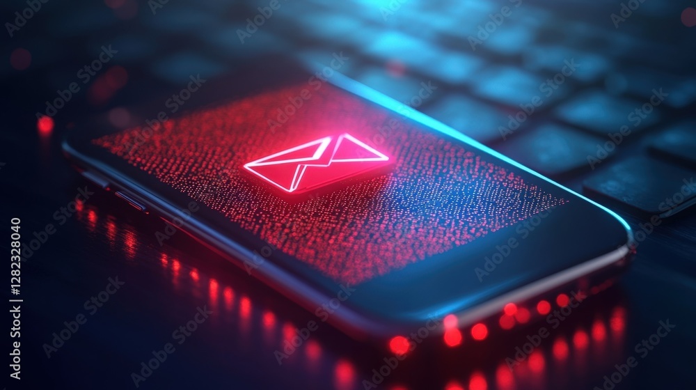 Poster glowing red envelope icon appearing on smartphone screen with binary code, suggesting cyber security