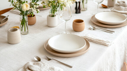 Elegant dining table setting with neutral plates, cutlery, and flowers