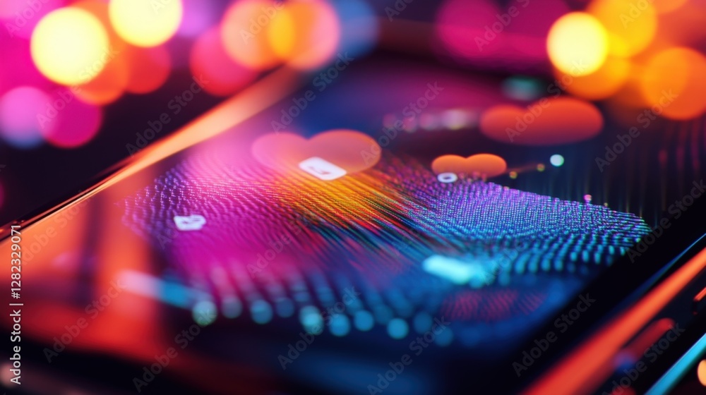Poster fingerprint cyber security scanning is occurring on a smartphone with heart icons and bokeh lights i