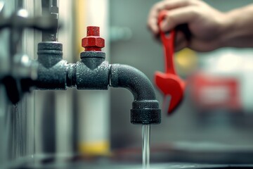 Plumber using wrench is about to repair leaking faucet