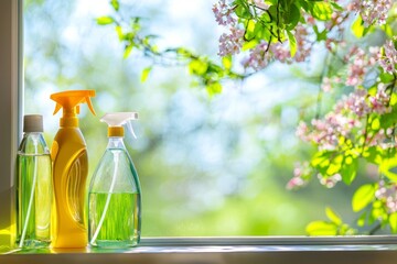 Bright spring day with cleaning supplies by the window and blooming flowers outside