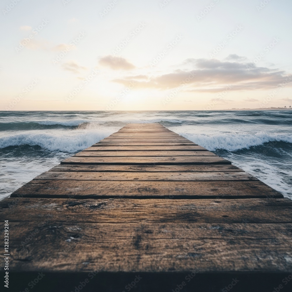 Poster sunset over the ocean seen from a weathered wooden pier extending into gentle waves. generative ai
