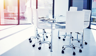 Furniture, meeting and empty room of boardroom in office for conference, journal planner or seminar workshop. Chair, agency and convention space with interior of company for business and workplace