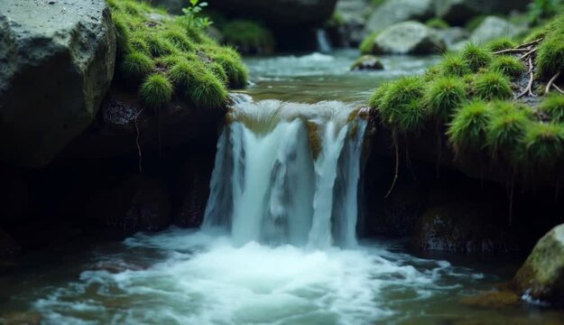 A close-up of a small waterfall cascading over moss-covered rocks, with silky water flowing in soft natural light, highlighting glistening droplets and the vibrant texture of the wet moss.
