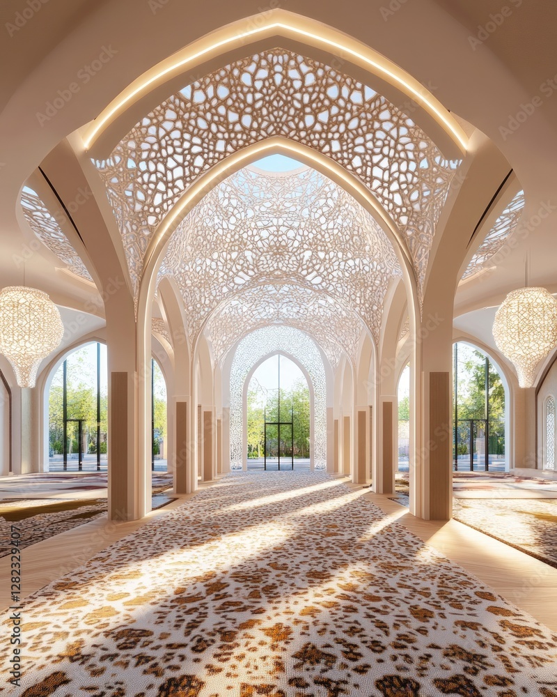 Poster interior view of a building with ornate ceilings and sunlight streaming through. the image depicts a