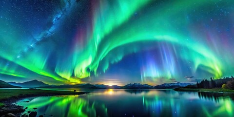 A breathtaking display of vibrant green and blue hues illuminates the night sky as the Aurora Borealis dances across the celestial canvas , atmospheric, spectral