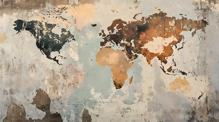 Fotobehang Verweerde muur Global Wall Art: The world map artfully rendered on a distressed wall, suggesting the passage of time and the interconnectedness of cultures across the globe.  © brave-4K