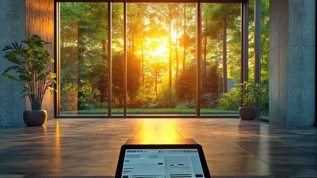 Sunset view from a modern home gym with a laptop on a yoga mat.