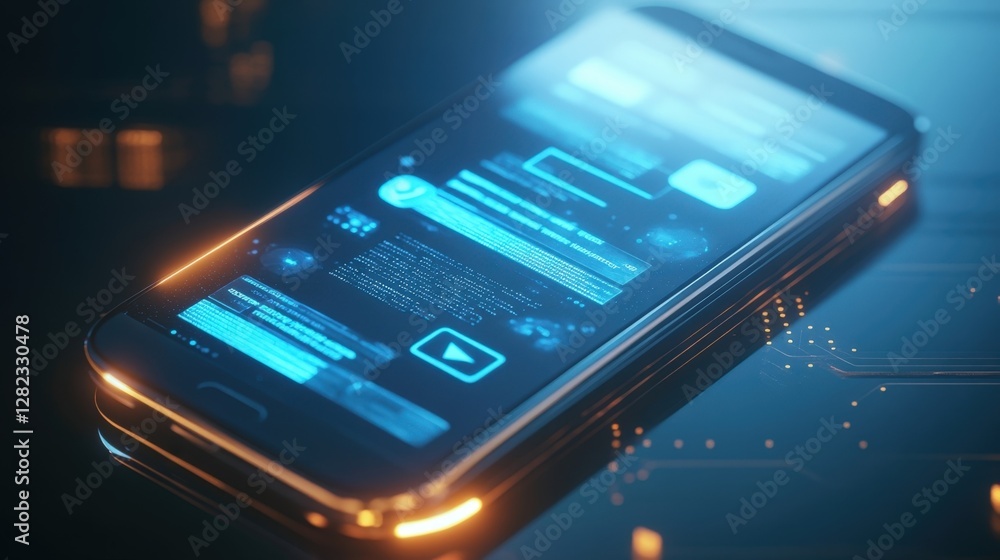 Poster holographic data is being projected from a futuristic smartphone lying on a circuit board, suggestin