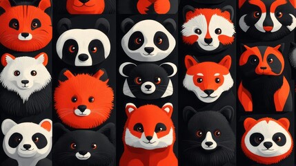 Naklejka premium Animated faces of pandas foxes raccoons and bears in rows