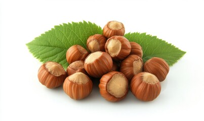 A cluster of fresh hazelnuts resting on vibrant green leaves against a clean white background