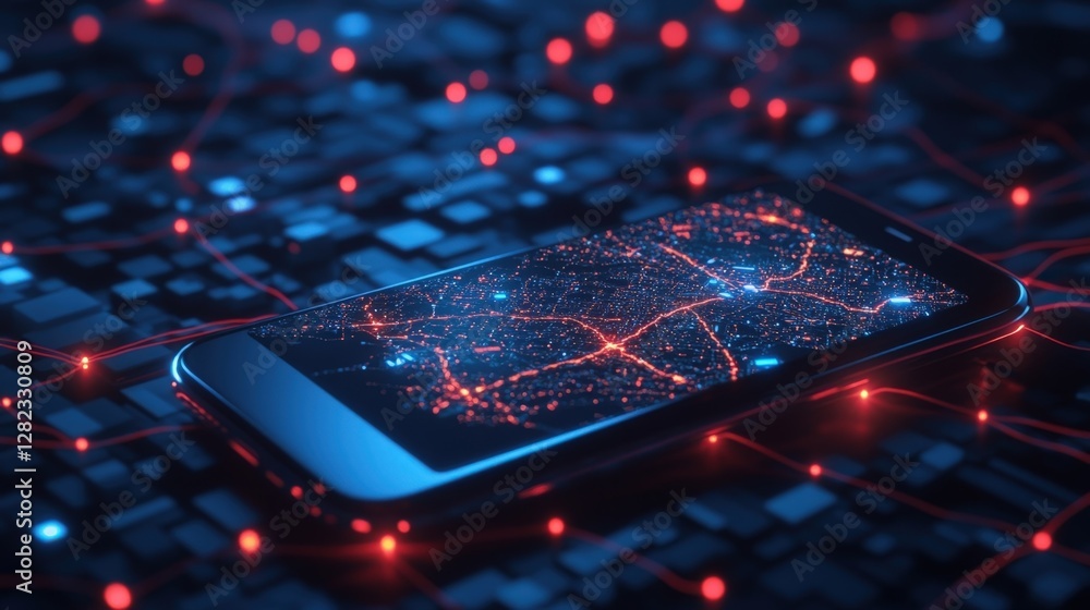 Poster futuristic circuit board with glowing red and blue lights connecting a smartphone displaying a vibra