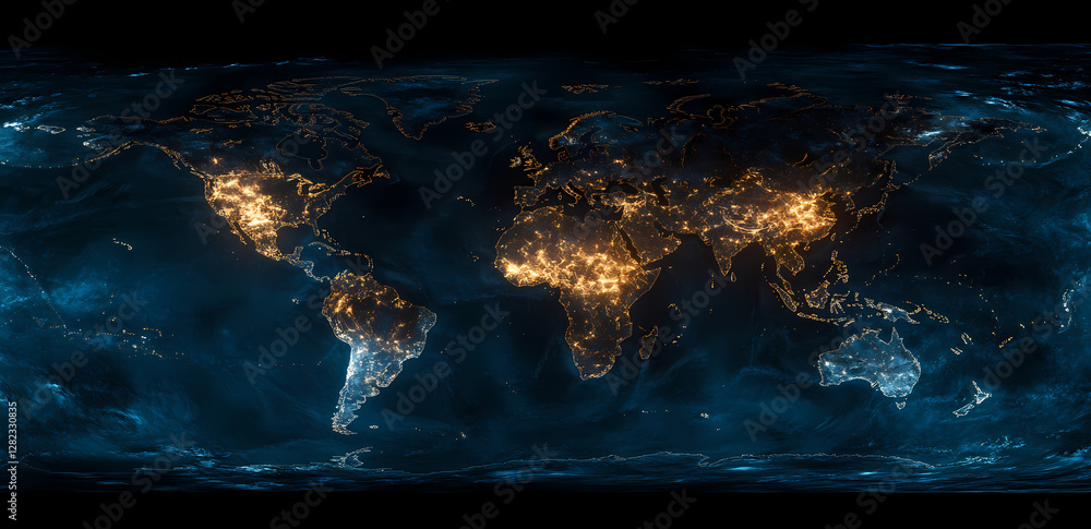 Aufkleber global illumination: an illuminated view of the world, highlighting populated areas with a network o