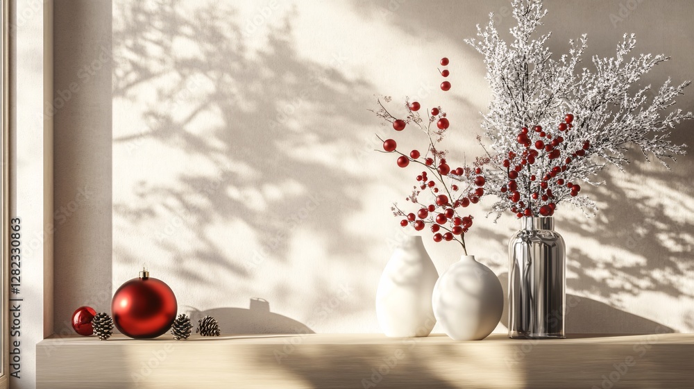 Poster christmas decoration with red berries and pine cones casting shadows on table