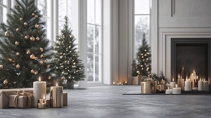 Christmas trees lit with fairy lights framing a window in a bright room