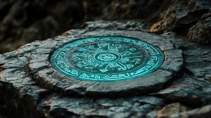 Obraz premium Close Up of Ancient Stone Artifact with Glowing Turquoise Inscriptions