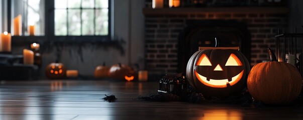 Obraz premium Halloween jack o lantern sitting on hardwood floor with fireplace