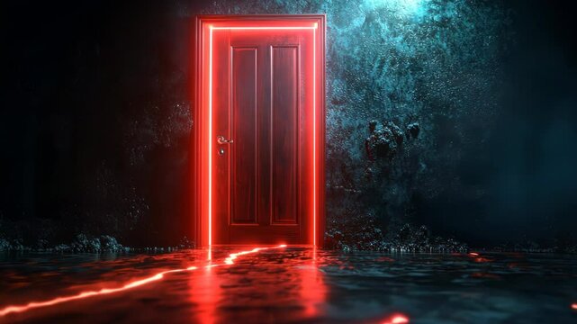 Glowing red neon light illuminates a dark wooden door in a mysterious room.