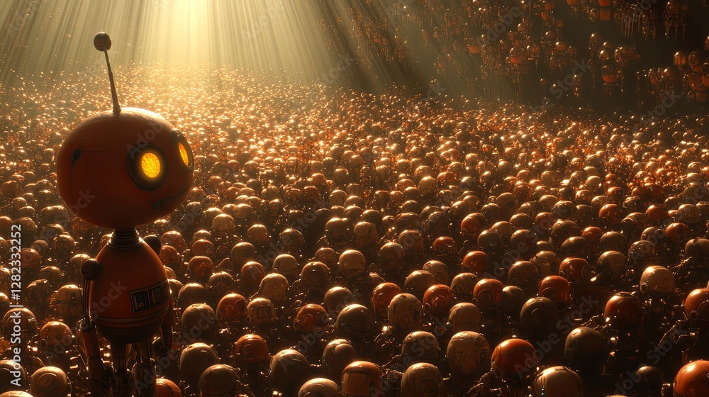 Poster unique gathering of small robots in a dimly lit space with glowing eyes during a mysterious event