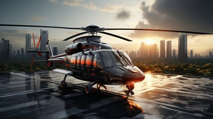 Fototapeta premium A helicopter landing on a helipad in a metropolitan area