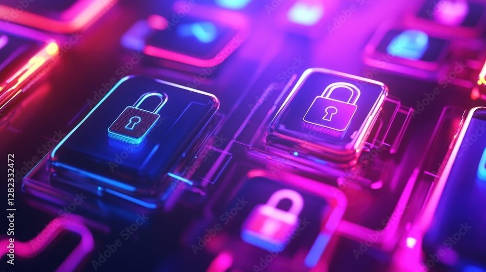 Poster glowing padlocks symbolize data protection and cybersecurity in a futuristic digital environment, hi