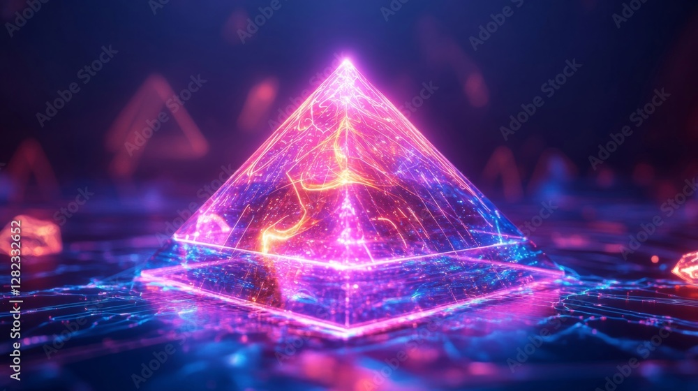 Aufkleber futuristic pyramid structure with neon lights and geometric patterns on digital surface