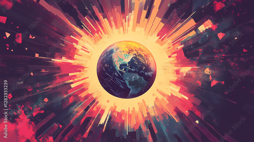 Poster global vision: a vibrant and dynamic artistic interpretation of planet earth, radiating with an ener