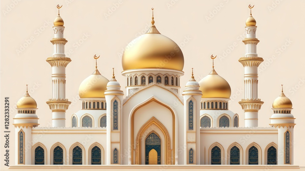 Poster architectural design of a building with golden domes and minarets on a beige background. the buildin