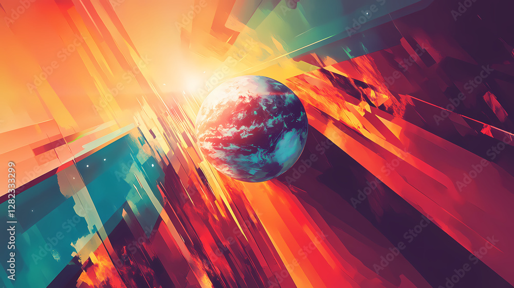 Poster abstract celestial sphere: a vibrantly colored celestial sphere, possibly representing a planet, is 