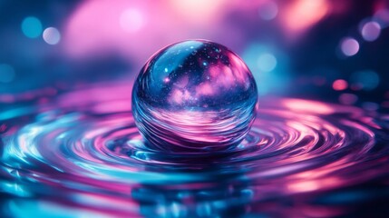 Abstract Sphere Reflecting Pink and Blue Light on Water with Ripple Background