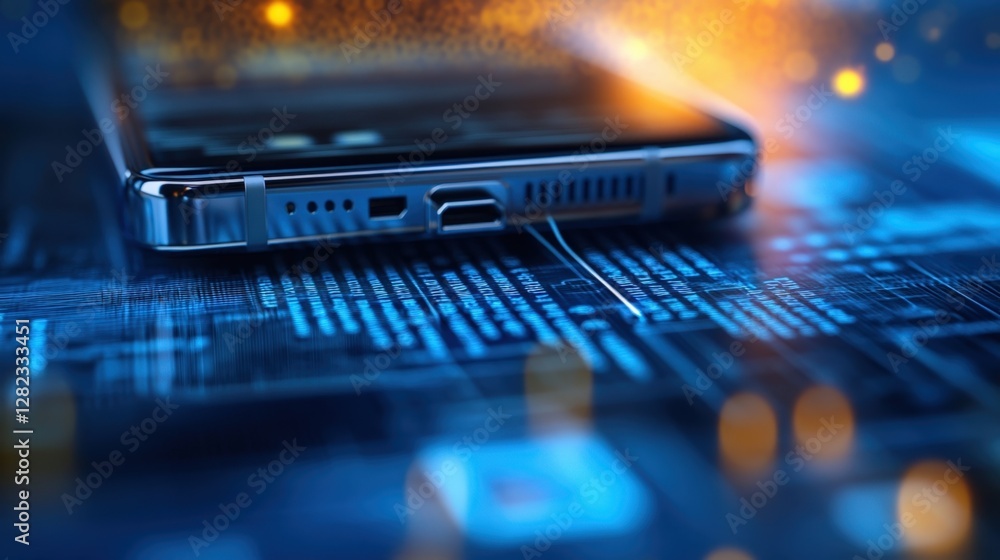 Poster futuristic smartphone transferring data on a circuit board with glowing lines and code, representing