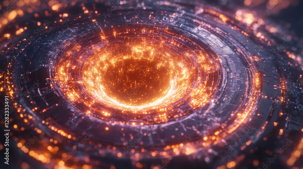 Poster abstract circular glowing portal with spiraling light particles background