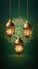 Obraz premium Ornate golden lanterns suspended against a dark green background with gold sparkles and light illuminating festive design
