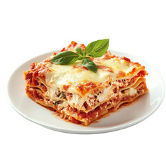 lasagna on a plate, front facing, white background